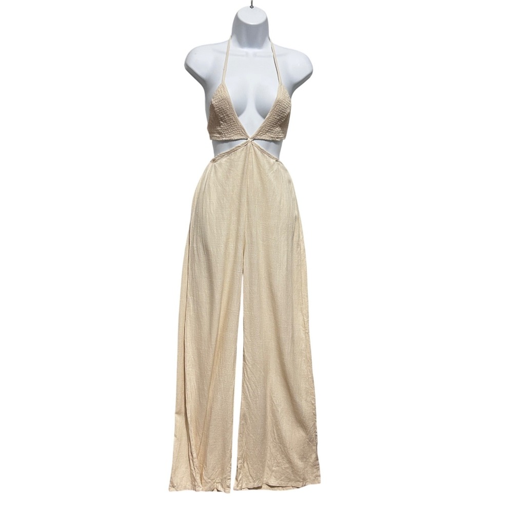 Indah Women Boho Coastal Blaire Jumpsuit XS Opal Cream New Linen Blend Cut Out